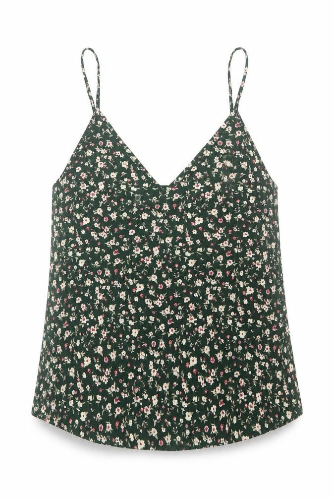 Front view of SHEIN women’s green floral polyester camisole tank, size S, v-neck