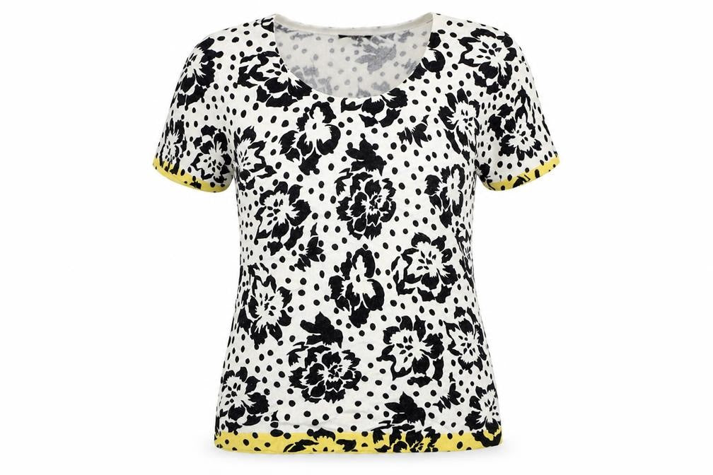 Front view of Precis women’s multicoloured floral viscose basic t-shirt, size XS, round neck