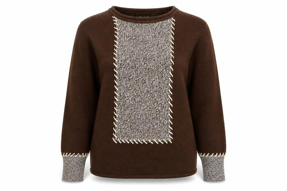 Front view of Michele Peretto women’s brown round neck acrylic jumper, size L