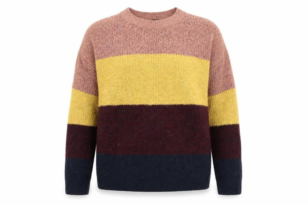 Front view of New Look women’s multicoloured round neck striped acrylic jumper, size S