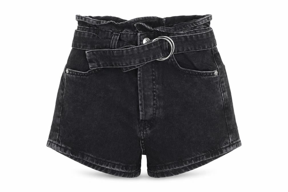 Front view of H&M women’s black cotton boyfriend shorts, size UK 4, regular button