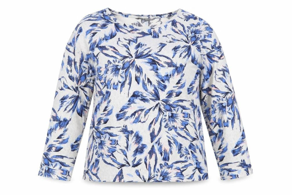 Front view of Nutmeg women’s grey round neck floral polyester jumper, size UK 12