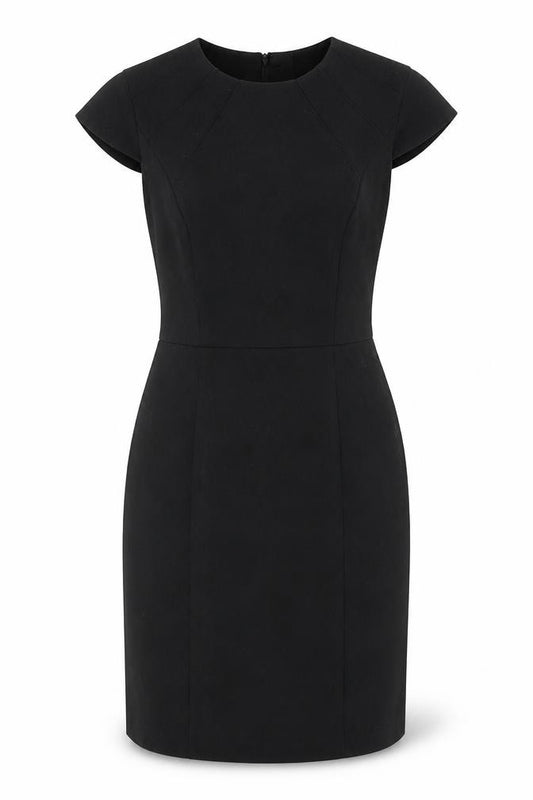Front view of H&M women’s black polyester a-line, size UK 8, round neck zip