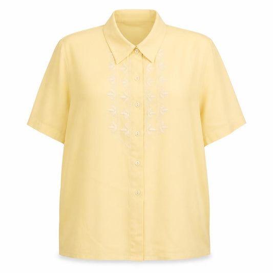 Front view of Design Essentials women’s yellow polyester basic button-up, size UK 18, collared