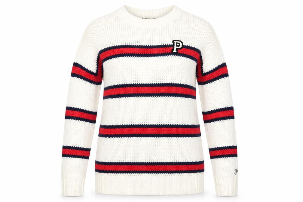 Front view of PINK women’s white round neck striped acrylic jumper, size S