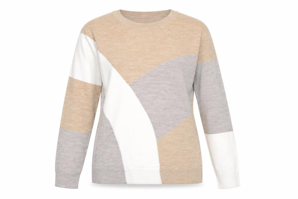 Front view of Marks & Spencer women’s multicoloured round neck acrylic jumper, size UK 14