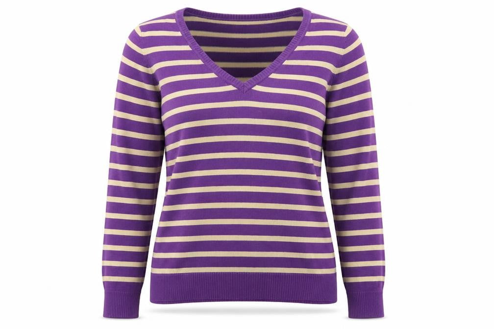 Front view of H&M women’s purple v-neck striped acrylic jumper, size L