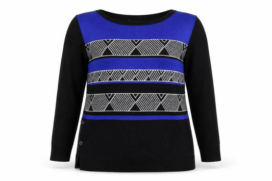 Front view of Principles women’s black round neck geometric viscose jumper, size UK 14