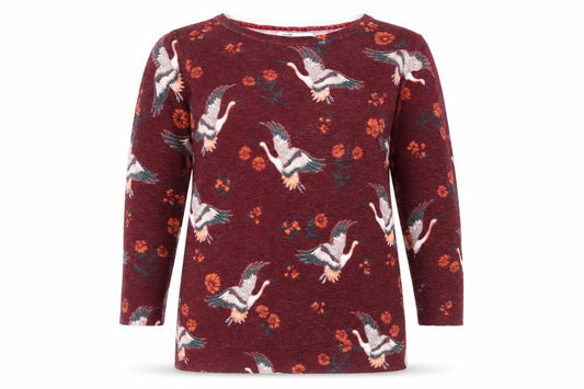 Front view of Debenhams women’s purple round neck floral viscose jumper, size UK 6, - bird pattern