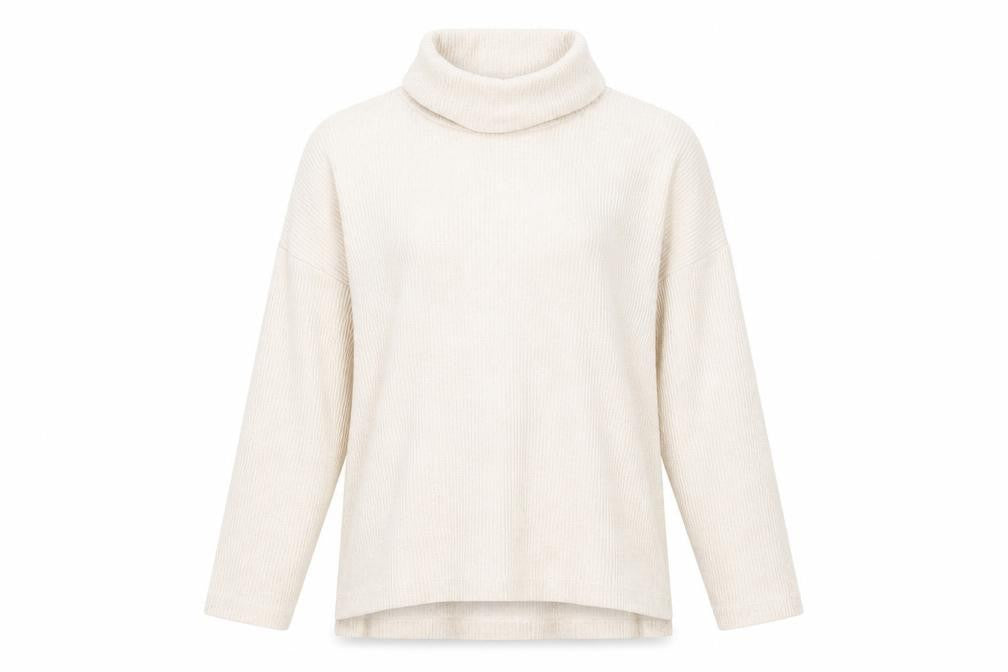 Front view of H&M women’s beige roll neck acrylic jumper, size S