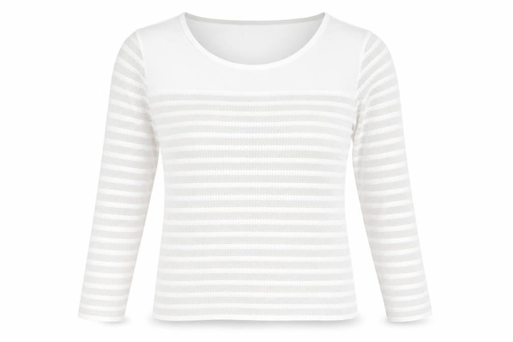 Front view of Marks & Spencer women’s grey round neck striped viscose jumper, size UK 10