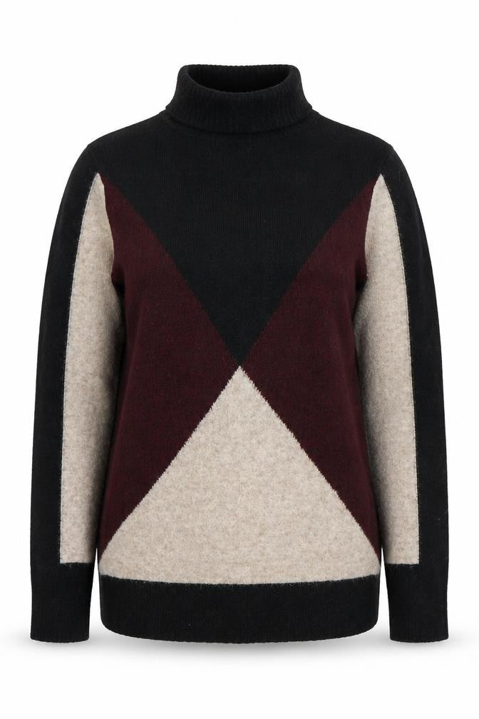 Front view of Wallis women’s multicoloured roll neck geometric acrylic jumper, size S, - colour block