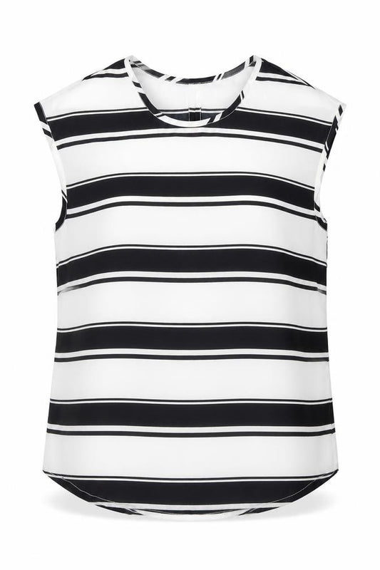 Front view of Atmosphere women’s black striped polyester basic blouse, size UK 10, scoop neck