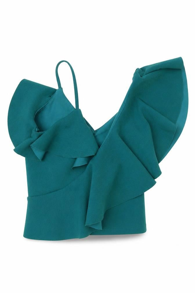 Front view of River Island women’s green polyester cropped blouse, size UK 6, one shoulder