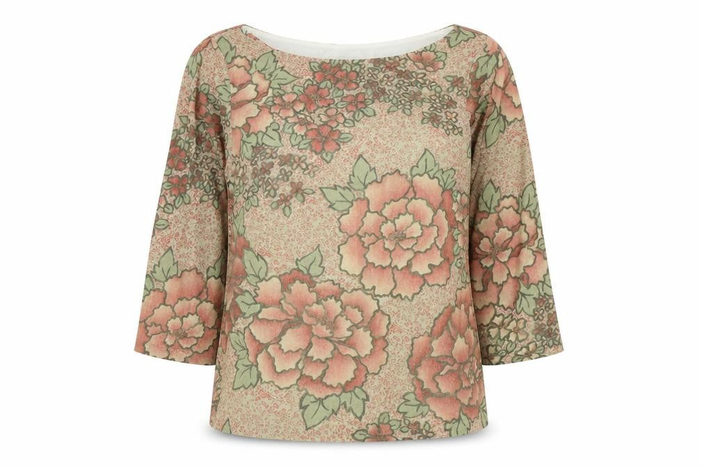 Front view of Kaliko women’s brown floral polyester basic blouse, size UK 14, boat neck