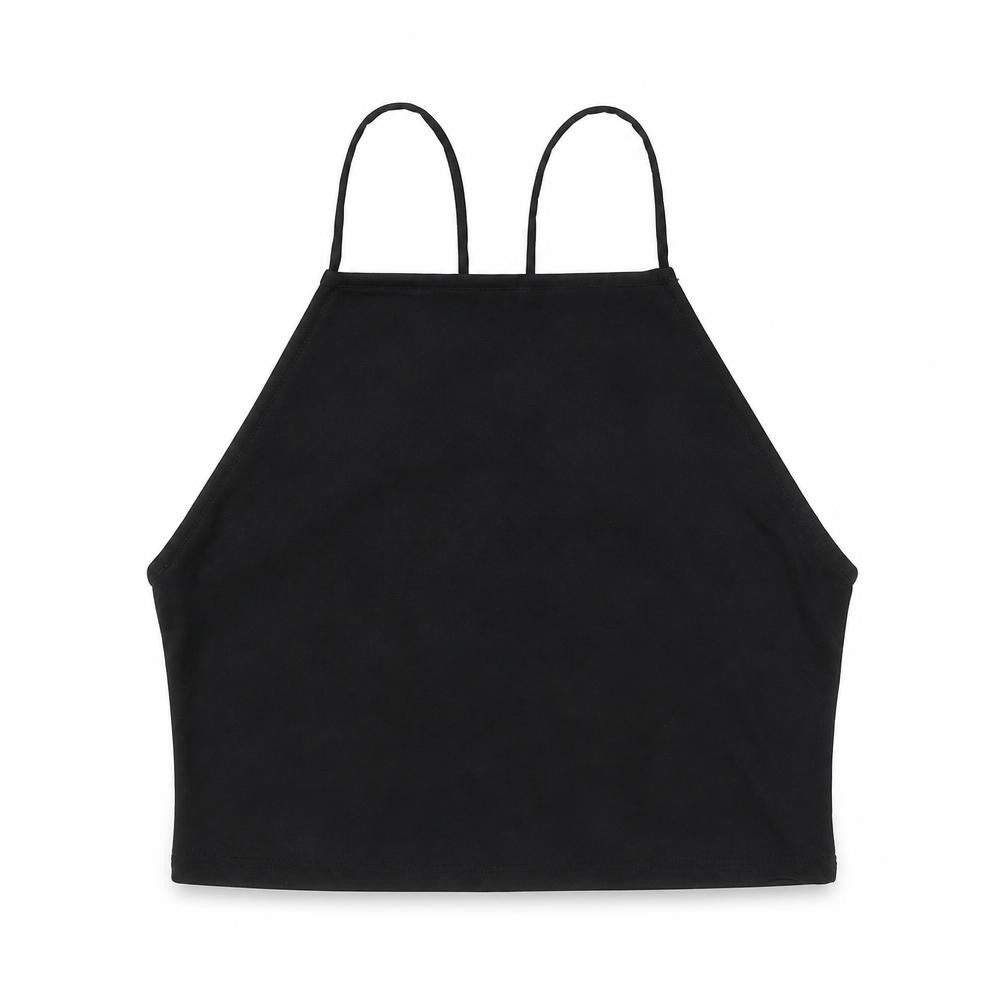 Front view of Divided by H&M women’s black polyester cropped tank, size M, halter