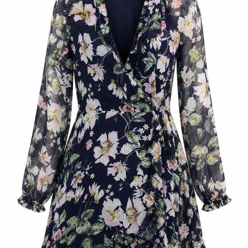 TJD Womens Blue Floral Polyester A-Line Size XS V-Neck Tie