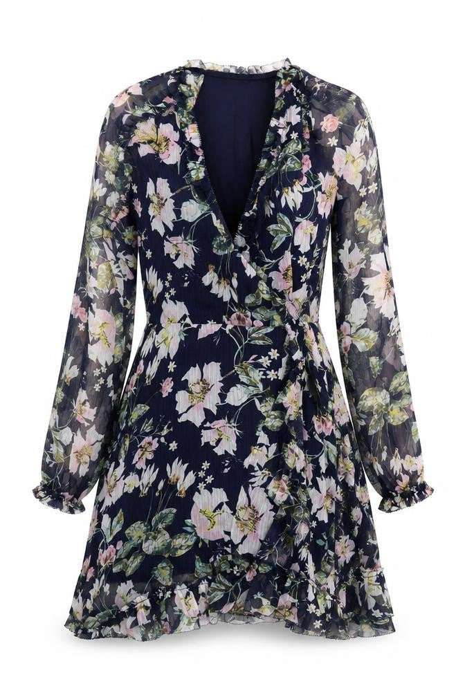 TJD Womens Blue Floral Polyester A-Line Size XS V-Neck Tie