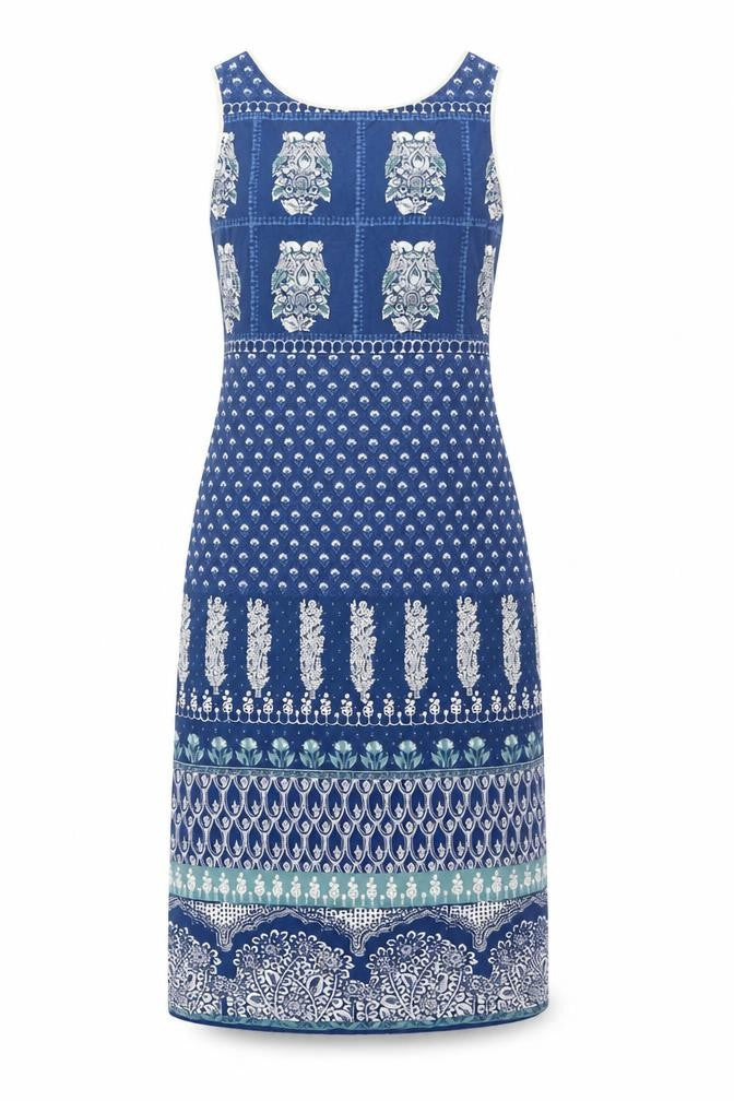Front view of Biba women’s blue geometric cotton sheath, size XS, round neck pullover