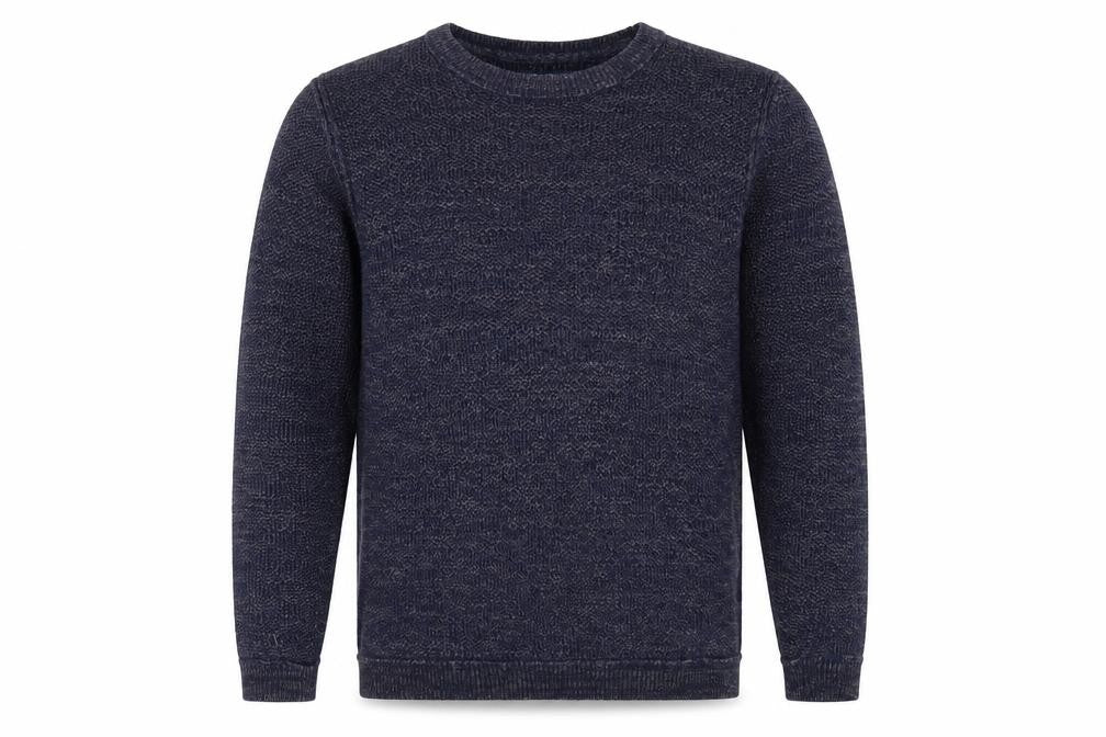 Front view of 72D men’s blue round neck acrylic jumper, size M, long sleeve