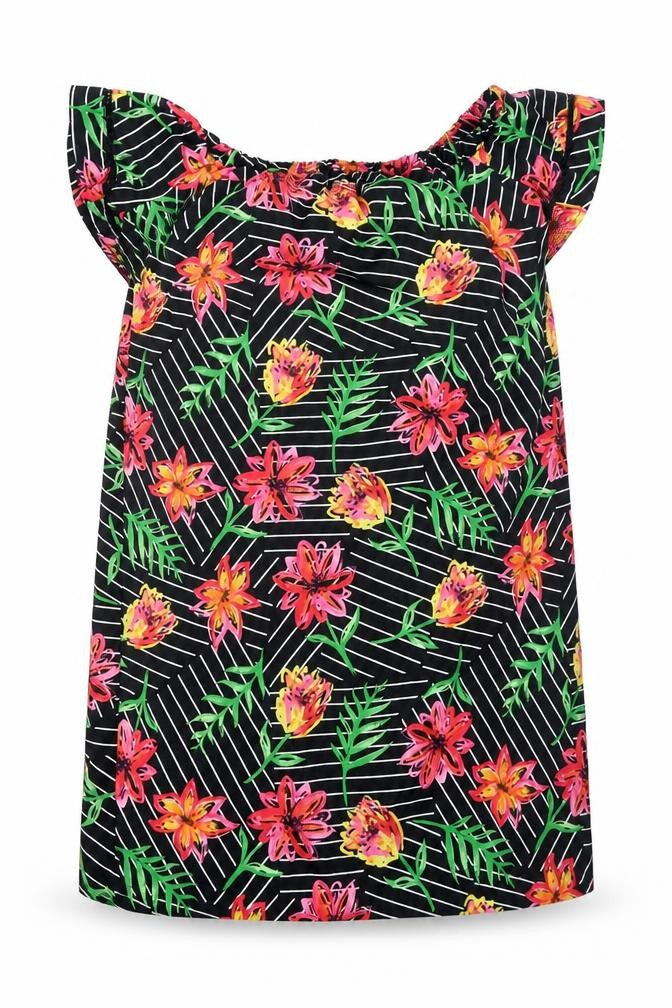 Primark Womens Black Floral Polyester T-Shirt Dress Size 8 Off the Shoulder Pullover