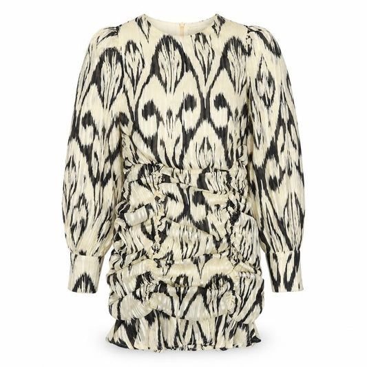 Front view of Oasis women’s ivory geometric polyester bodycon, size UK 12, round neck zip