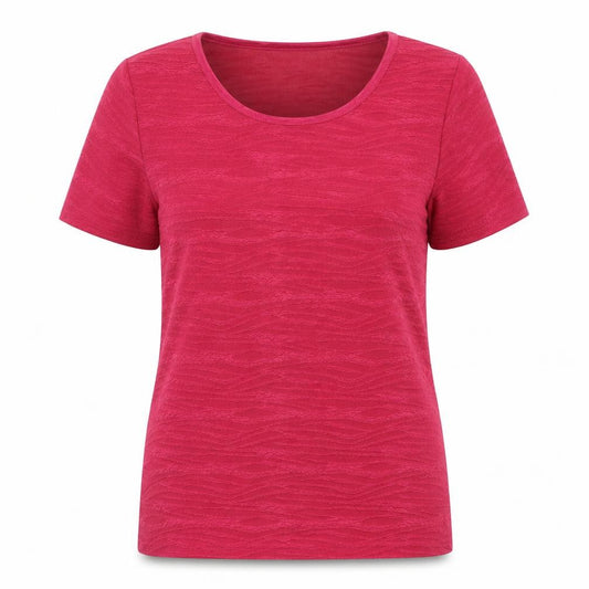 Front view of EWM women’s red polyester basic t-shirt, size S, round neck