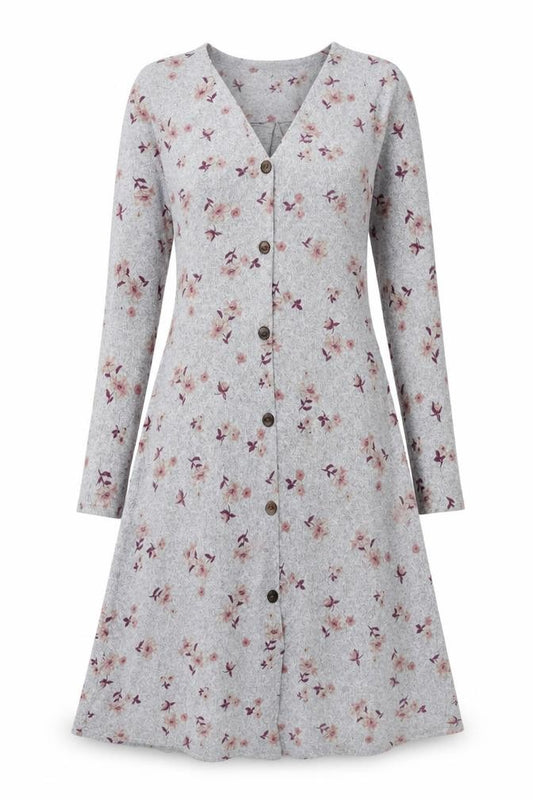 Front view of Monteau women’s grey floral polyester a-line, size XS, v-neck pullover