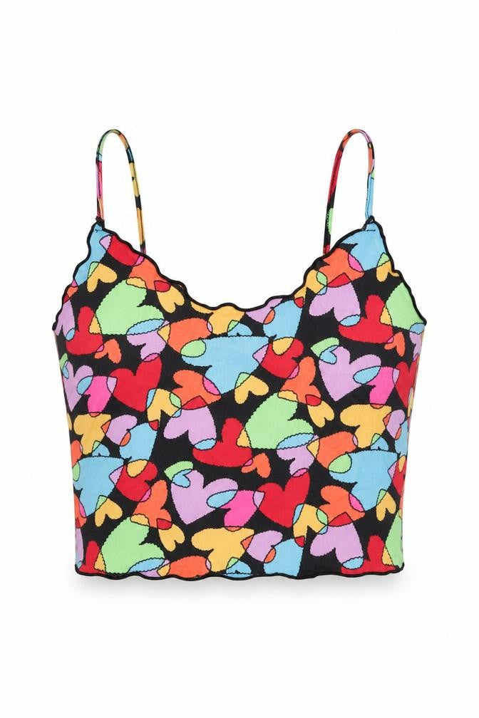 Front view of SHEIN women’s multicoloured geometric polyester cropped tank, size S, scoop neck - heart pattern