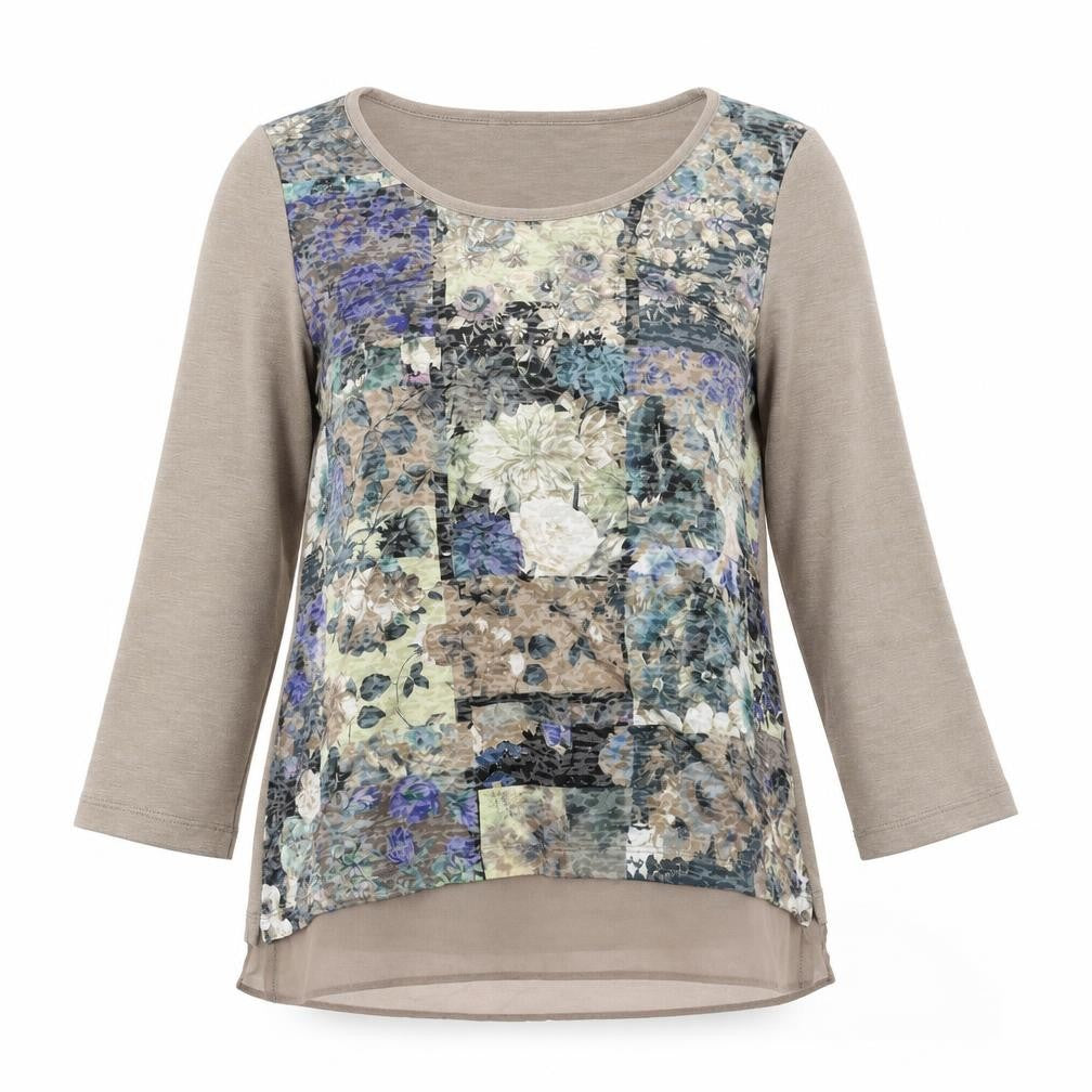 Front view of Bonmarché women’s brown geometric cotton basic blouse, size UK 10, round neck