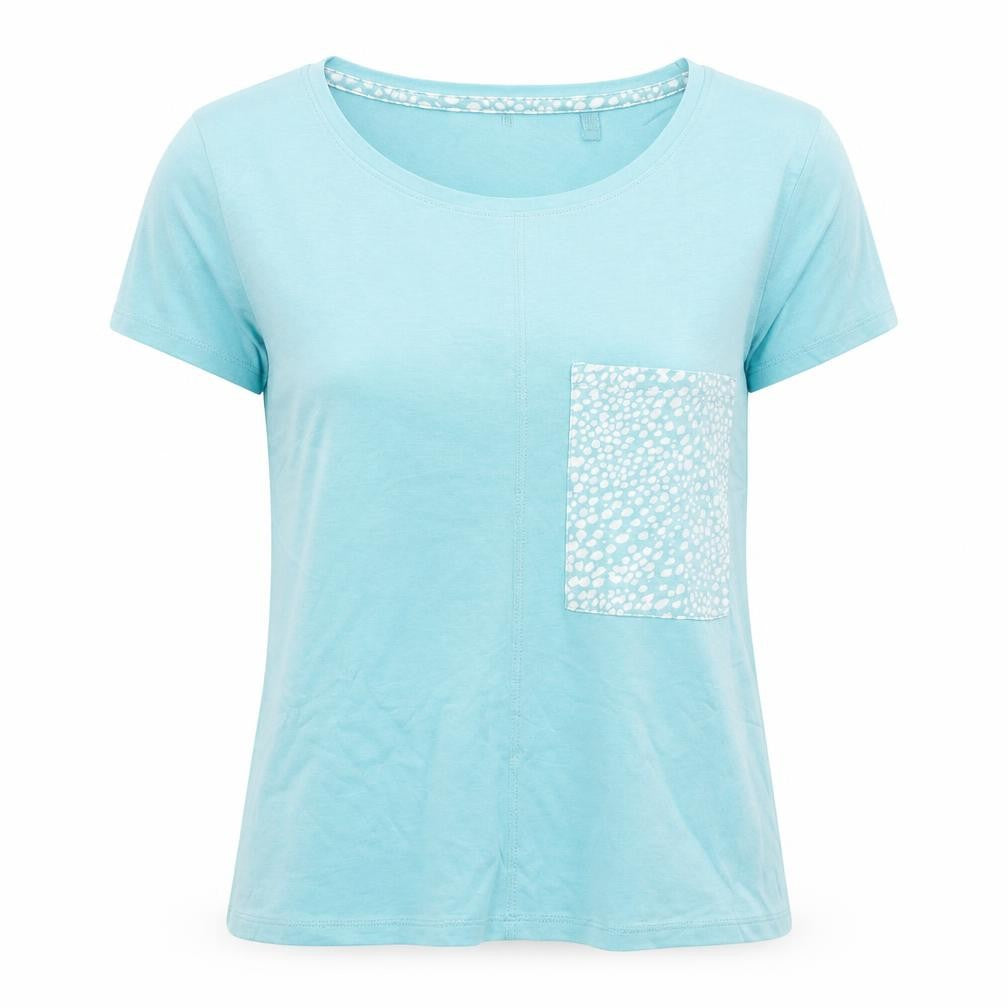 Front view of Next women’s blue geometric cotton basic t-shirt, size S, round neck