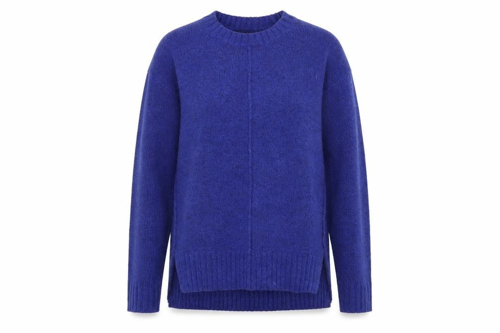 Front view of Marks & Spencer women’s blue round neck acrylic jumper, size S