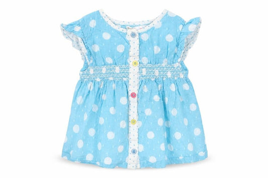 Front view of M&Co girls’ blue geometric cotton a-line, size 9-12, months round neck button