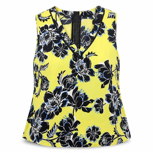Front view of Warehouse women’s yellow floral polyester basic blouse, size UK 16, v-neck