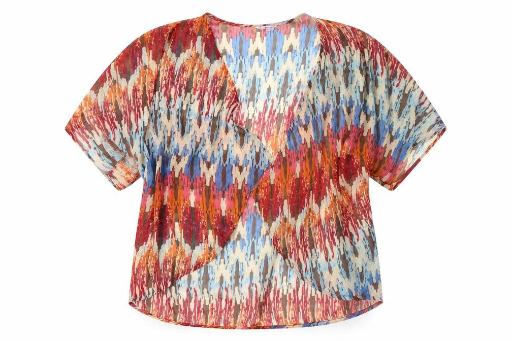 Front view of Per Una women’s multicoloured geometric polyacrylate fibre basic blouse, size UK 14, v-neck