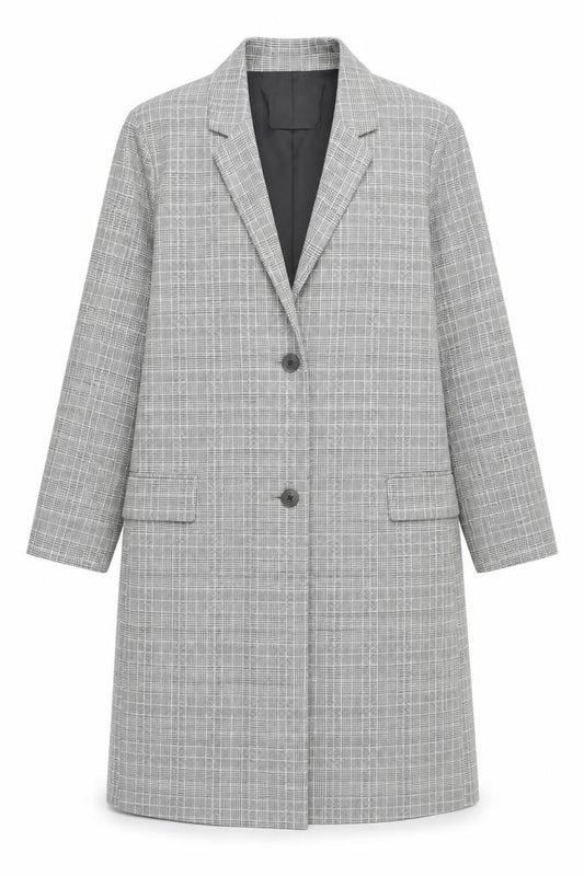 Front view of ASOS women’s grey plaid overcoat coat, size UK 10, button
