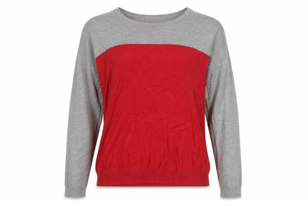 Front view of Linea women’s grey boat neck viscose jumper, size S, - colourblock