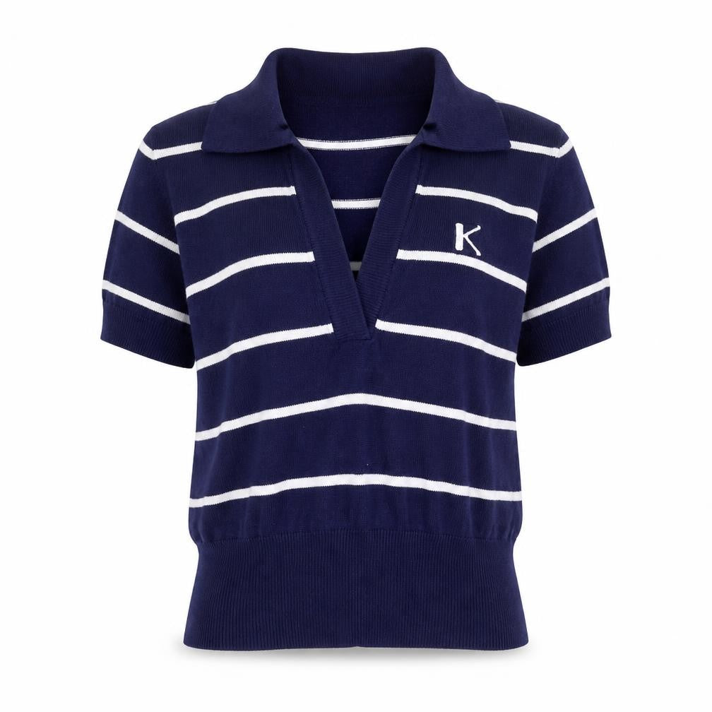 Front view of Kronk women’s blue collared striped cotton jumper, size UK 8
