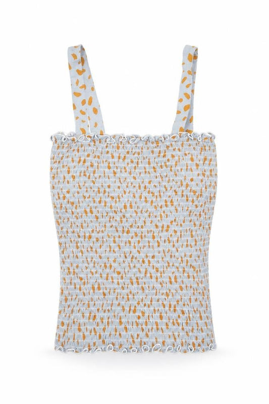 Front view of Michelle Keegan women’s blue geometric viscose basic tank, size UK 10, square neck - shirred