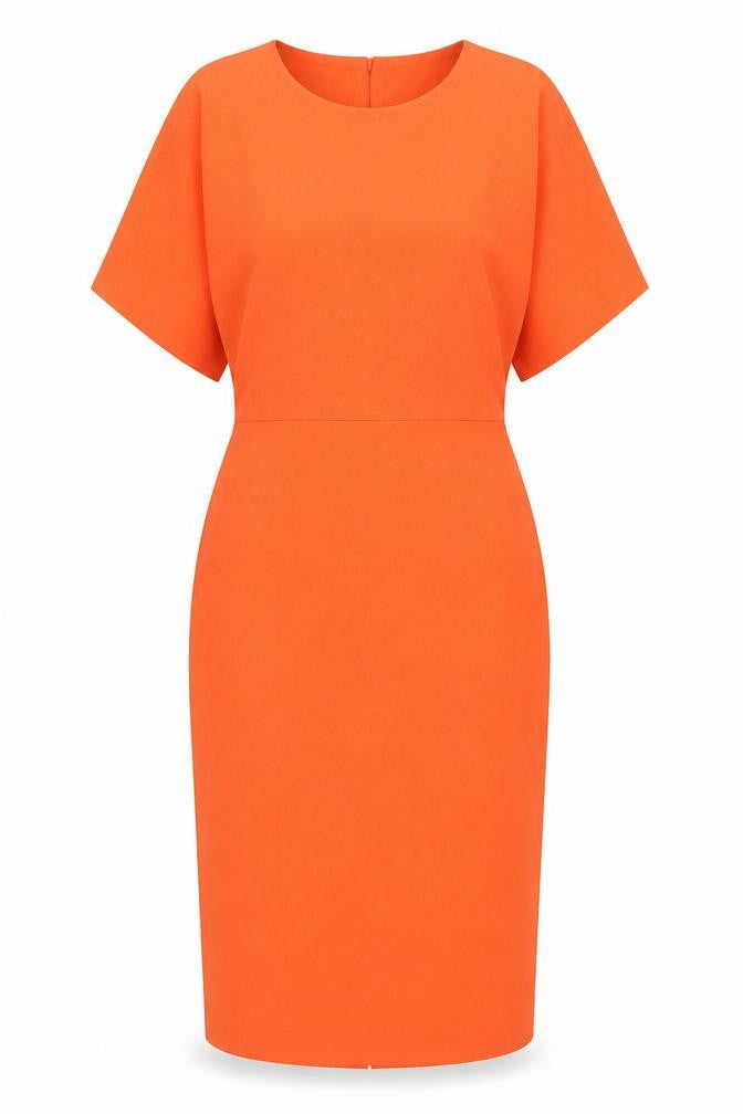 Front view of Warehouse women’s orange herringbone polyester sheath, size UK 10, boat neck button