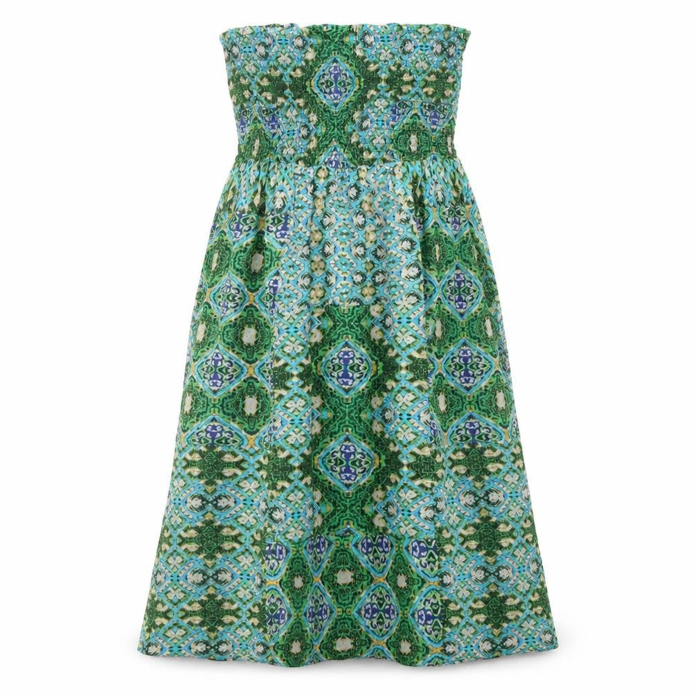 Front view of Peacocks women’s green geometric viscose a-line, size UK 8, off the shoulder pullover - shirred top