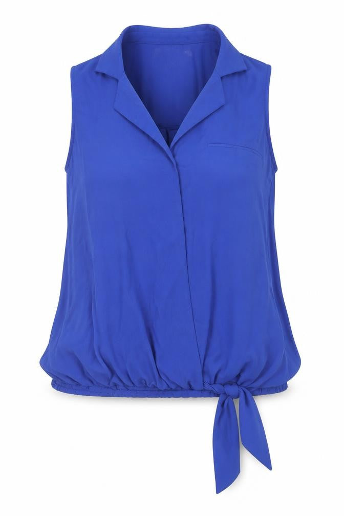 Front view of Forever 21 women’s blue polyester basic tank, size M, collared - knot front