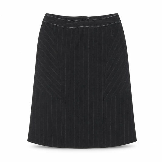 Front view of Oli women’s black striped polyester a-line skirt, size UK 12, zip