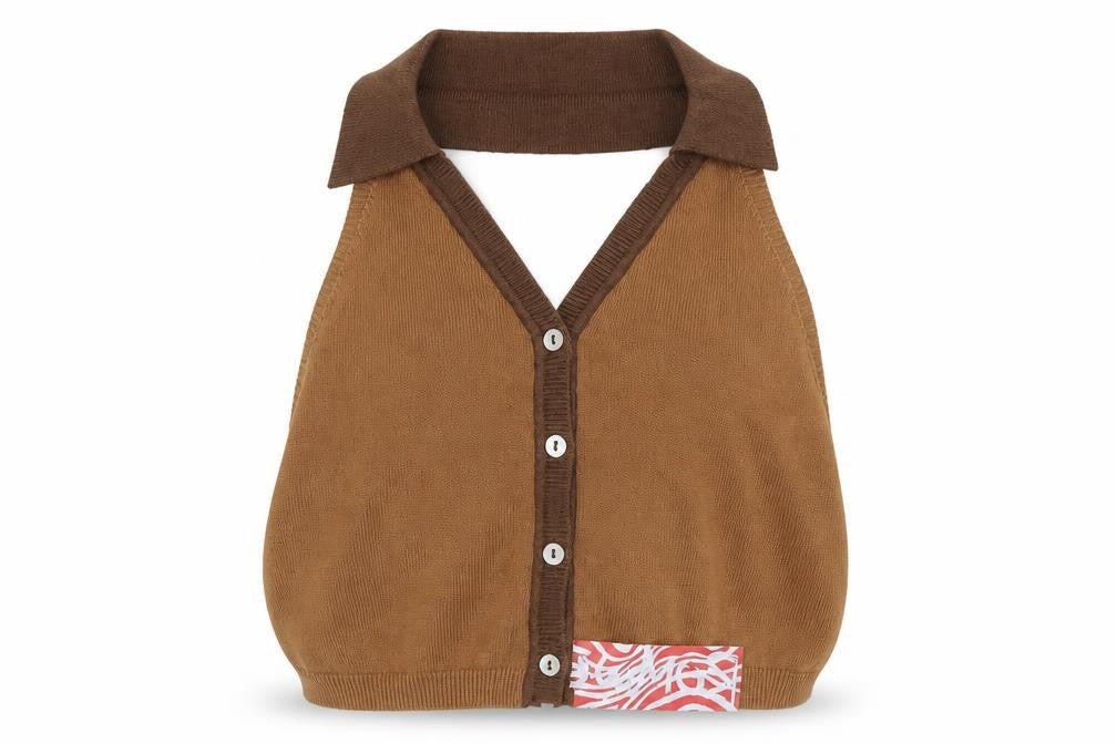 Front view of ROMWE women’s brown viscose cropped tank, size M, halter