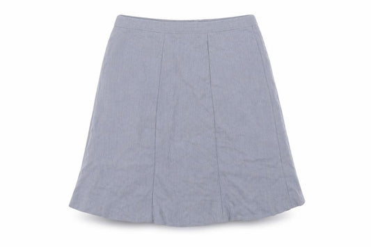 Front view of Helium women’s blue polyester a-line skirt, size UK 12, button