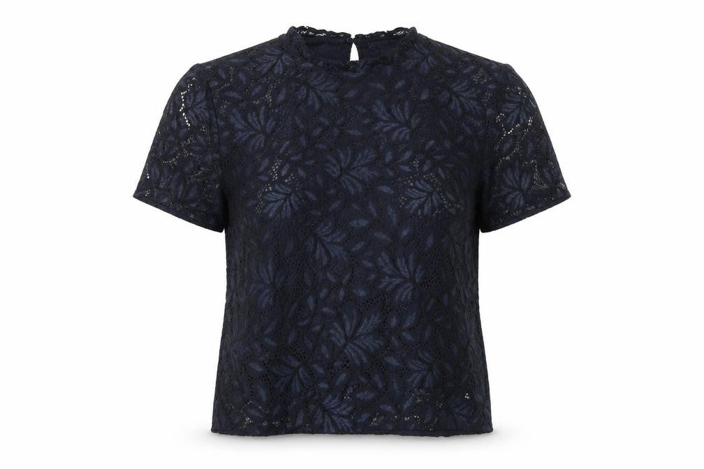 Front view of H&M women’s blue floral viscose basic blouse, size S, round neck