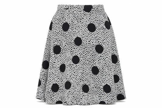 Front view of Preworn women’s white polka dot polyester swing skirt, size UK 32, in zip