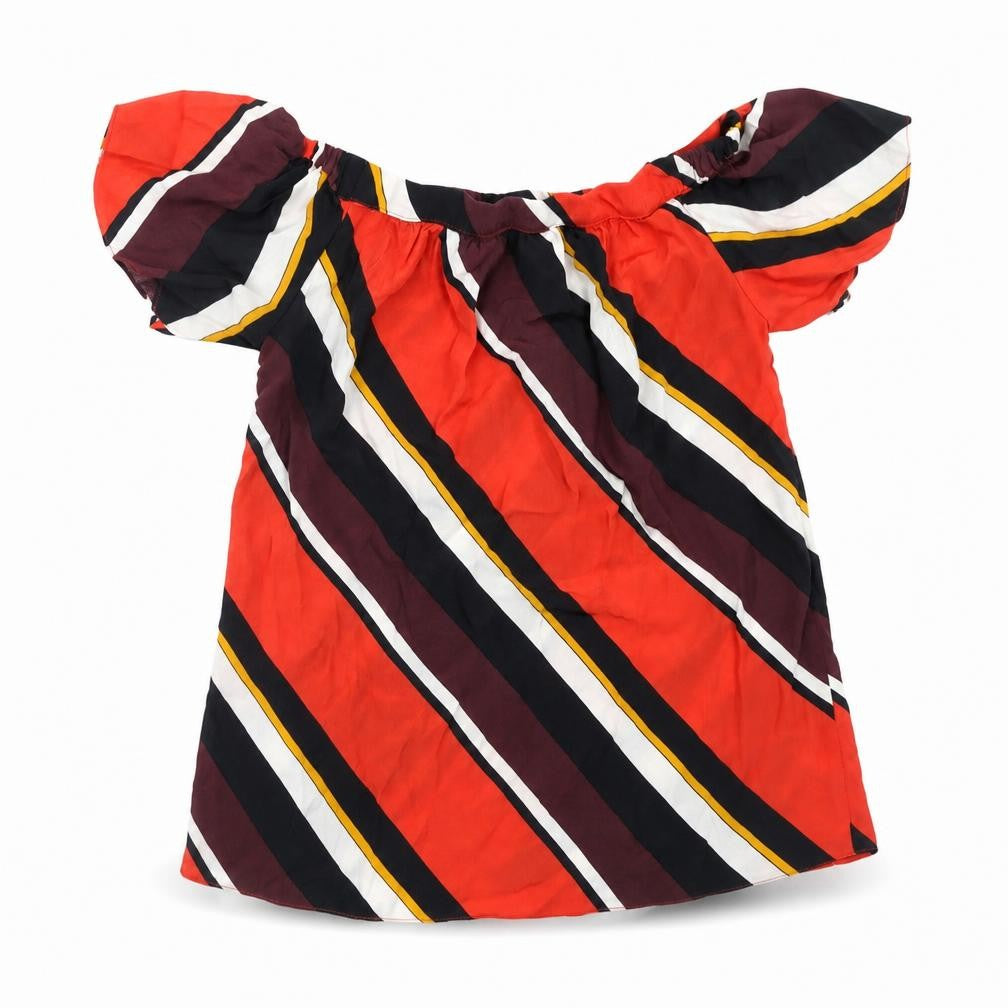 Front view of F&F women’s multicoloured striped viscose basic blouse, size UK 8, off the shoulder
