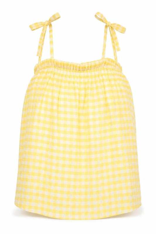 Front view of George women’s yellow check viscose camisole tank, size UK 12, square neck - gingham tie shoulder