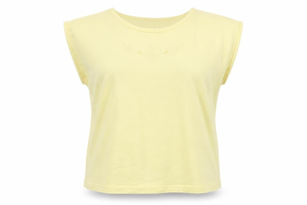 Front view of Littlewoods women’s yellow polyester basic t-shirt, size UK 14, round neck